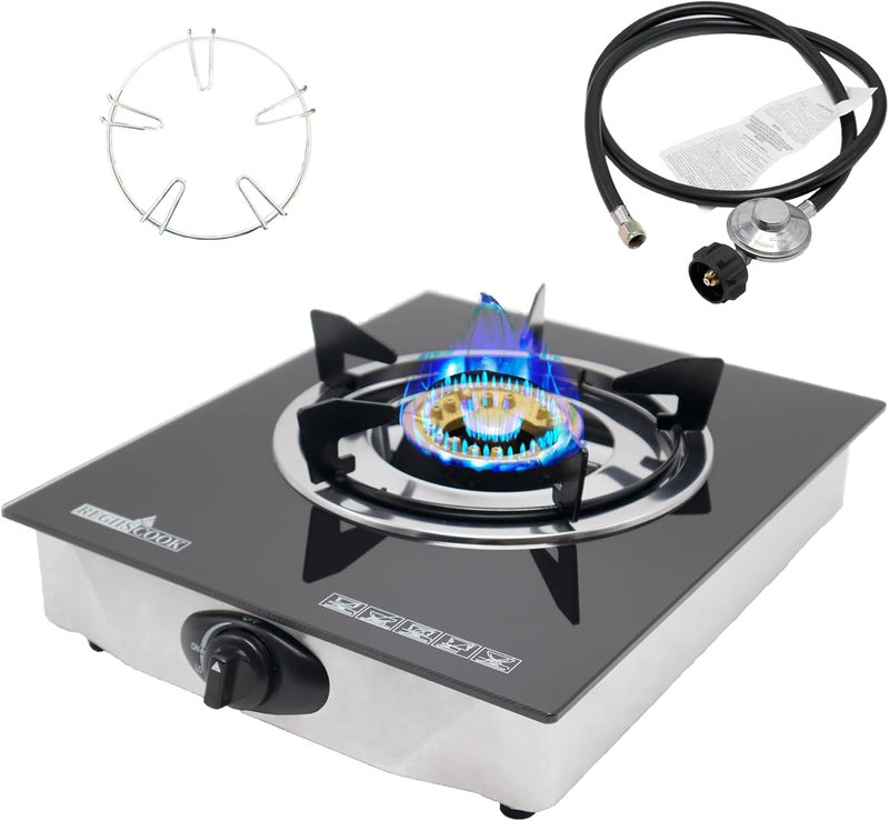 RegiisCook 1 Burner Propane Gas Cooktop,Camping Portable LPG Gas Stove, Auto Ignition Tempered Glass Countertop Regulator and Burner Grate - Image 1